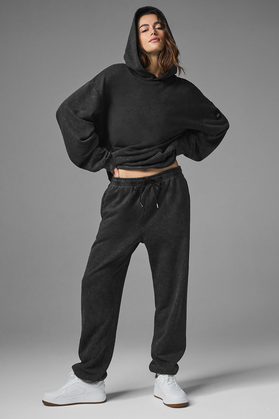 Chill Vintage Wash Hoodie in black, oversized fit with ribbed cuffs and hem, paired with matching sweatpants.