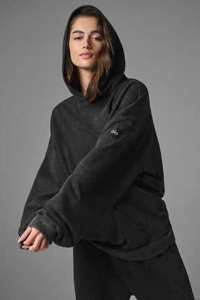 Chill Vintage Wash Hoodie in black, featuring oversized fit, ribbed cuffs, and kangaroo pocket for casual weekend wear.