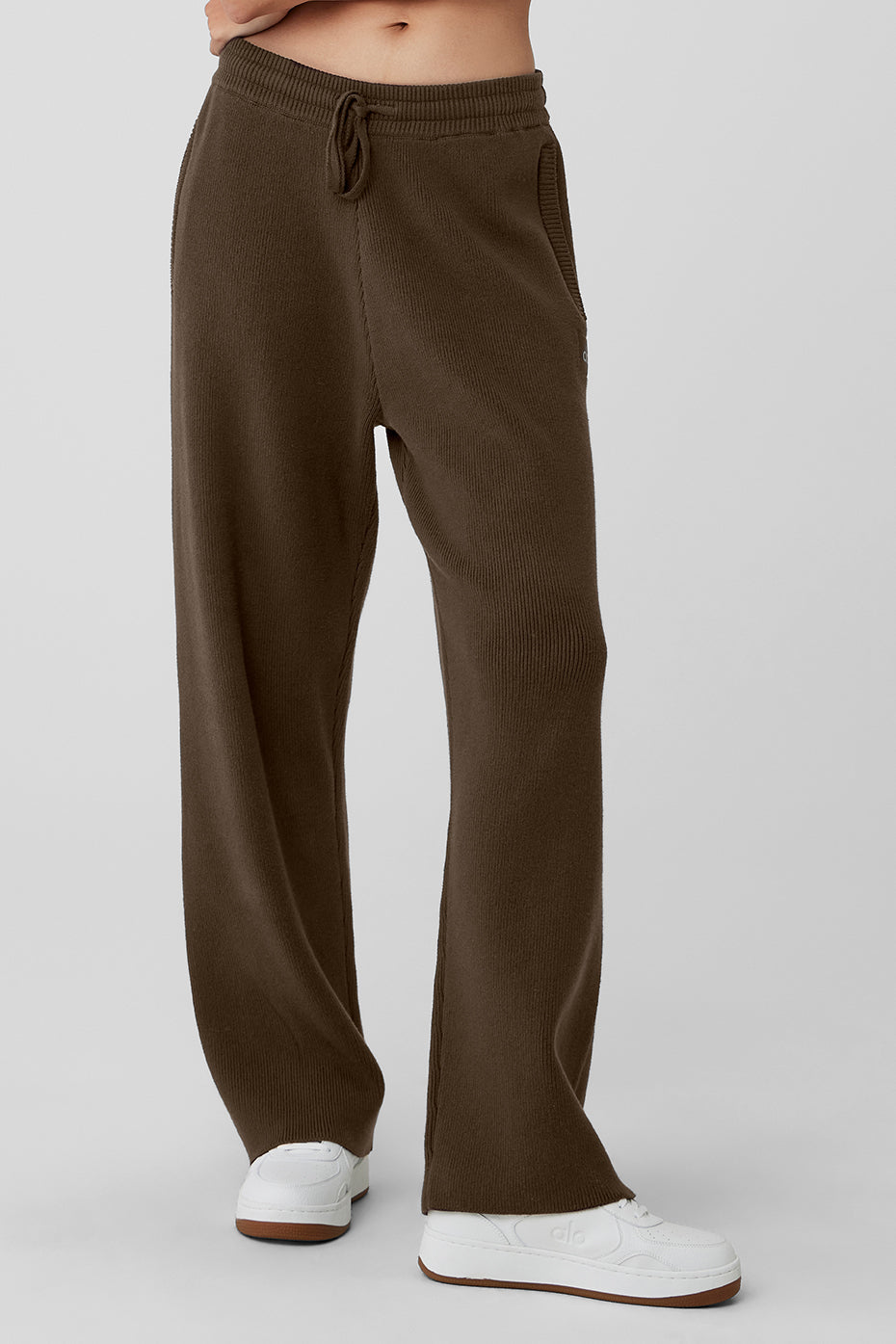 Scholar Straight Leg Sweatpant in brown, featuring external drawcords and side zippered pockets for added functionality.