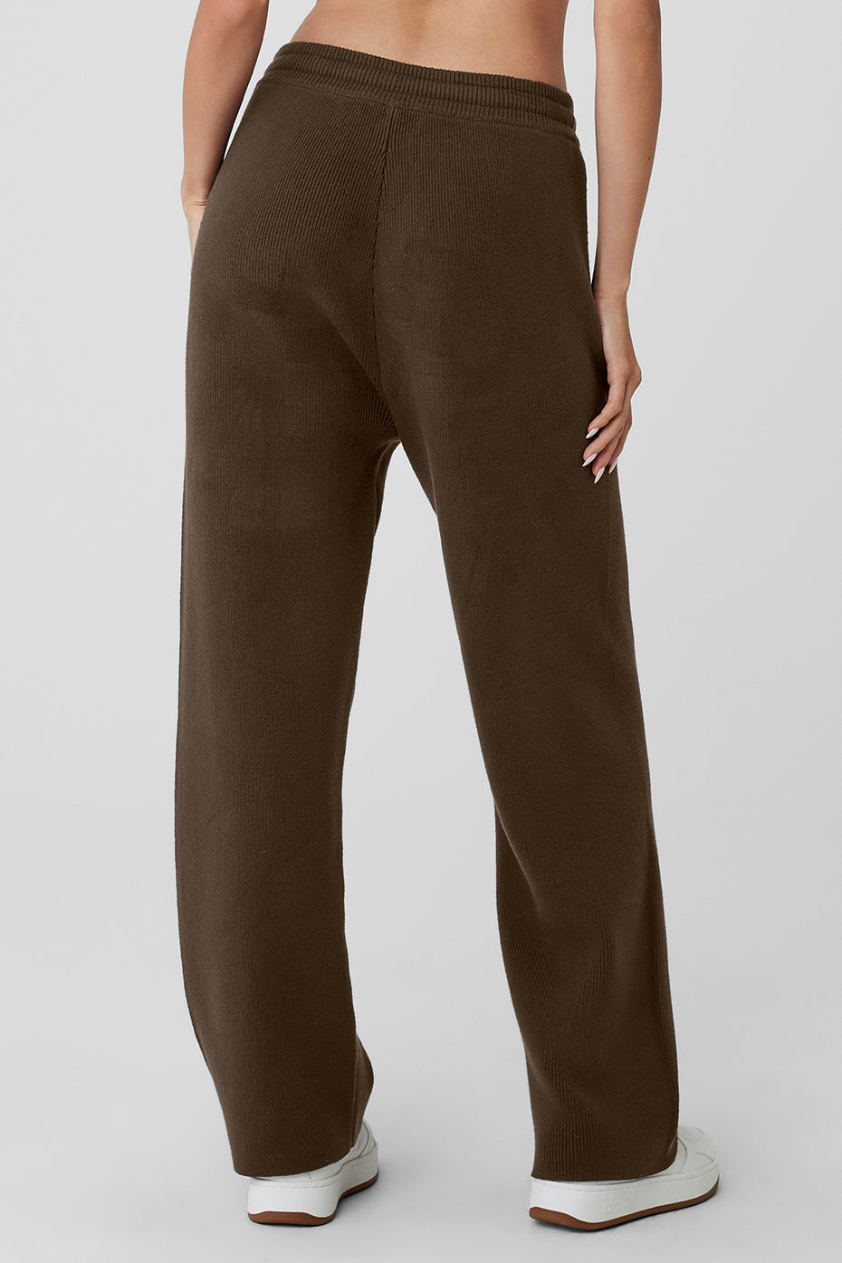 Back view of Scholar Straight Leg Sweatpant in brown, showcasing its heavyweight knit fabric and relaxed fit.