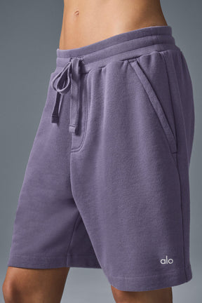 Chill Short in purple French terry fabric with drawstring and side-zip pockets for comfortable lounging