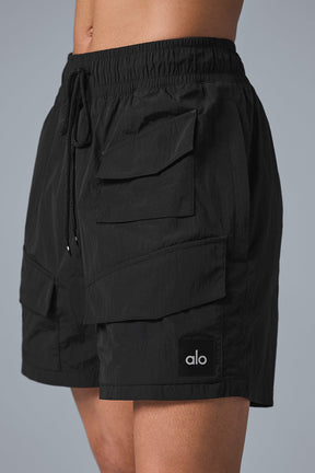 7 inch crinkle nylon excursion cargo shorts with drawstring waist and zippered pockets in black
