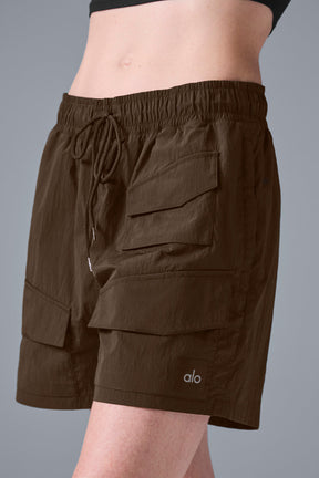 7 inch crinkle nylon excursion cargo shorts in brown with drawstring waist and side cargo pockets