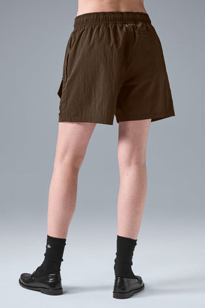 7 inch crinkle nylon excursion cargo shorts in brown, featuring relaxed fit and elastic waist, perfect for versatile wear.