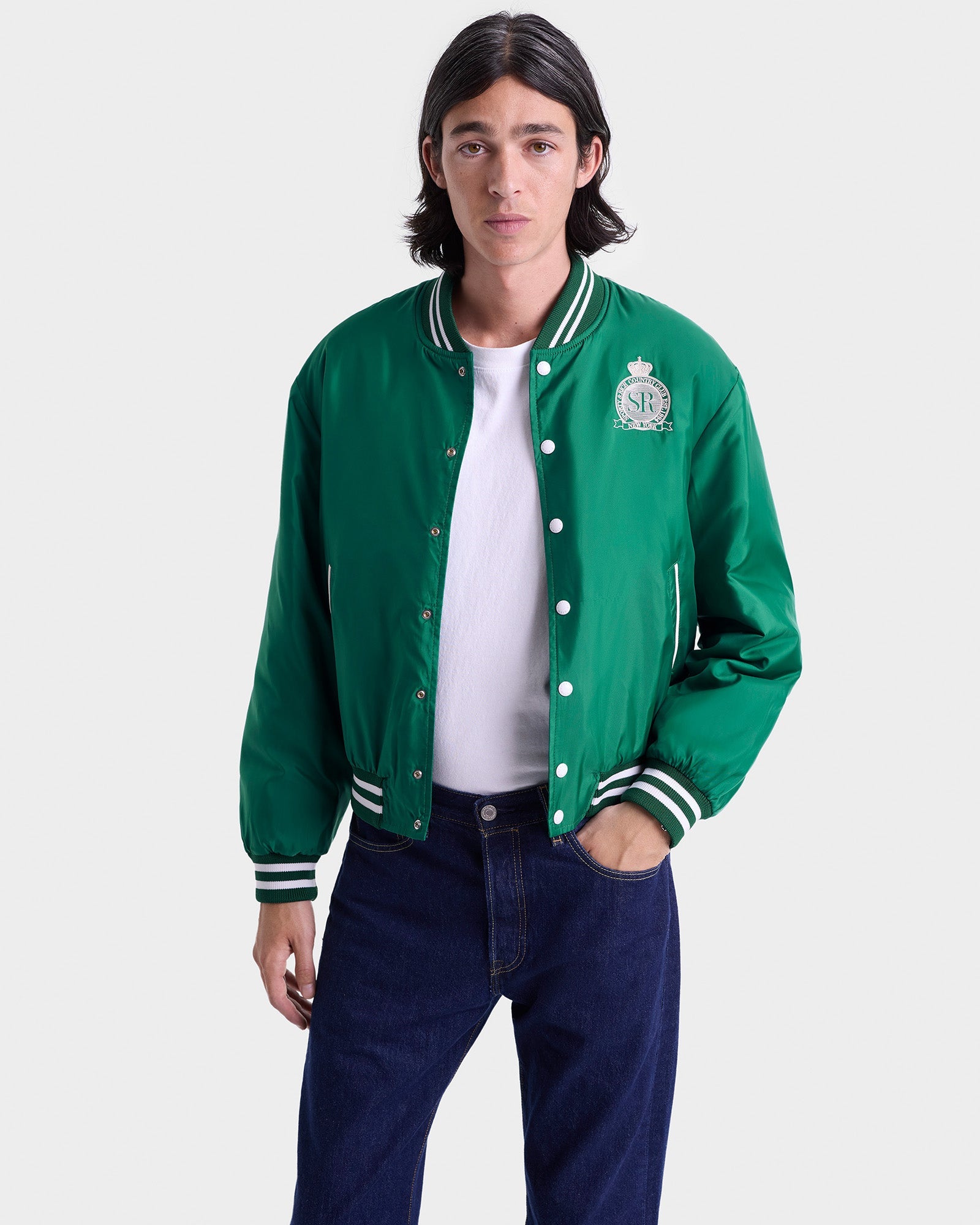 Royal Club Nylon Varsity Jacket - Spring Green/White