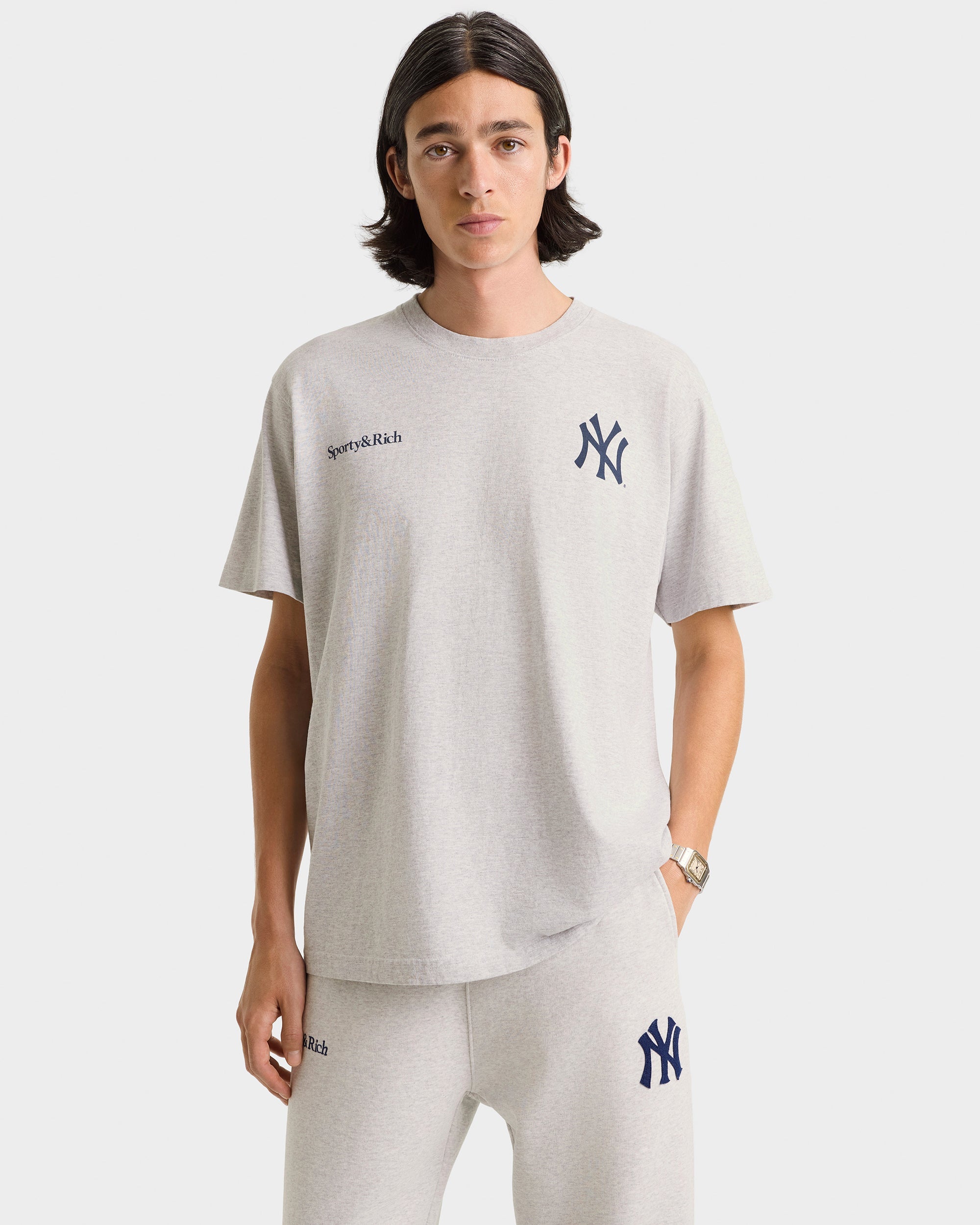Yankees Curve T-Shirt - Heather Gray/Navy