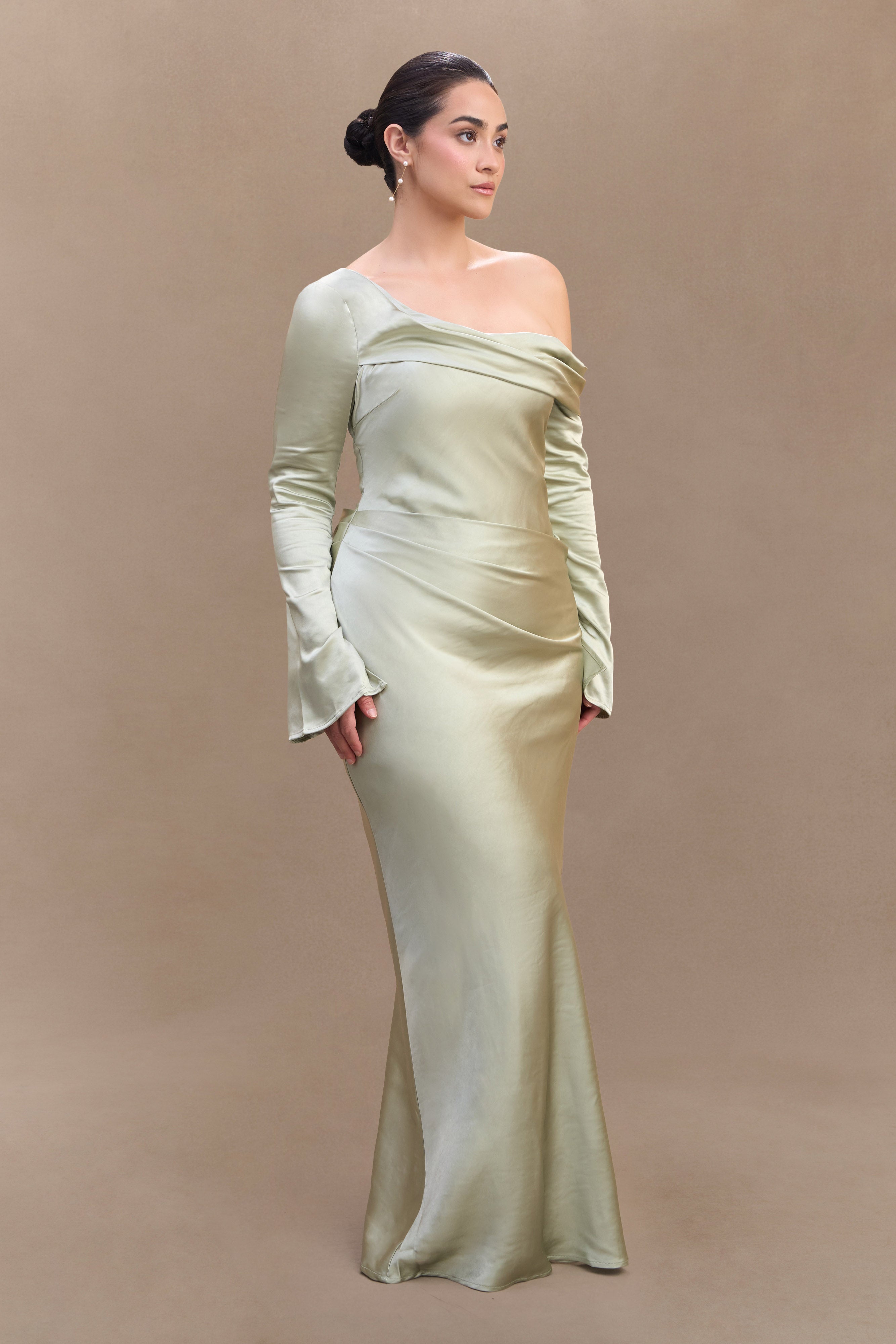 Iris Long Sleeve Satin Maxi Dress - Sage