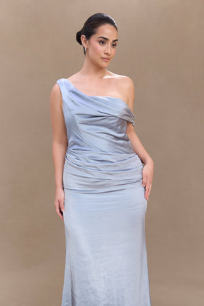 Dalia Off Shoulder Satin Maxi Dress - Frosted Blue