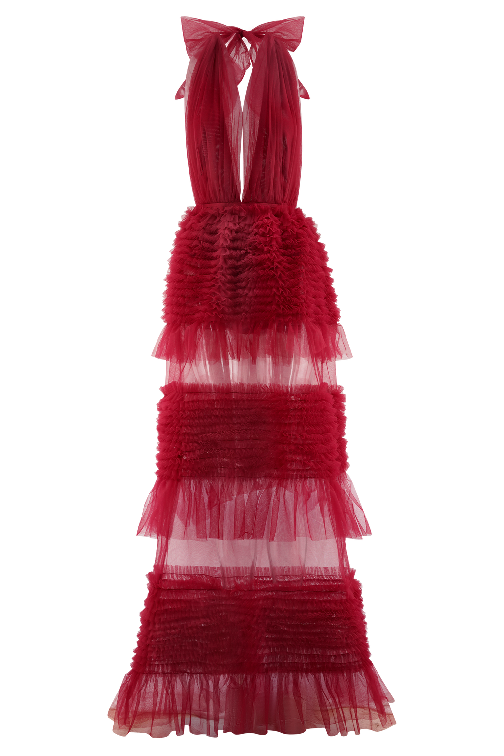 Minka Mesh Ruffle Halter Maxi Dress - Red