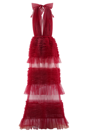Minka Mesh Ruffle Halter Maxi Dress - Red