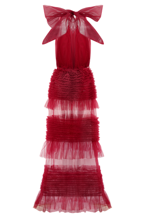 Minka Mesh Ruffle Halter Maxi Dress - Red
