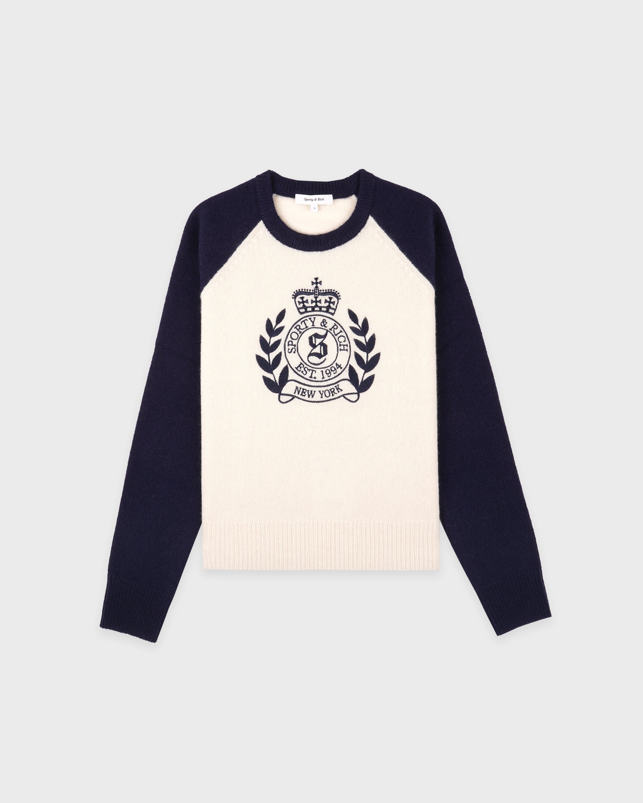 NY Crest Cashmere Baseball Sweater - Ecru/Navy