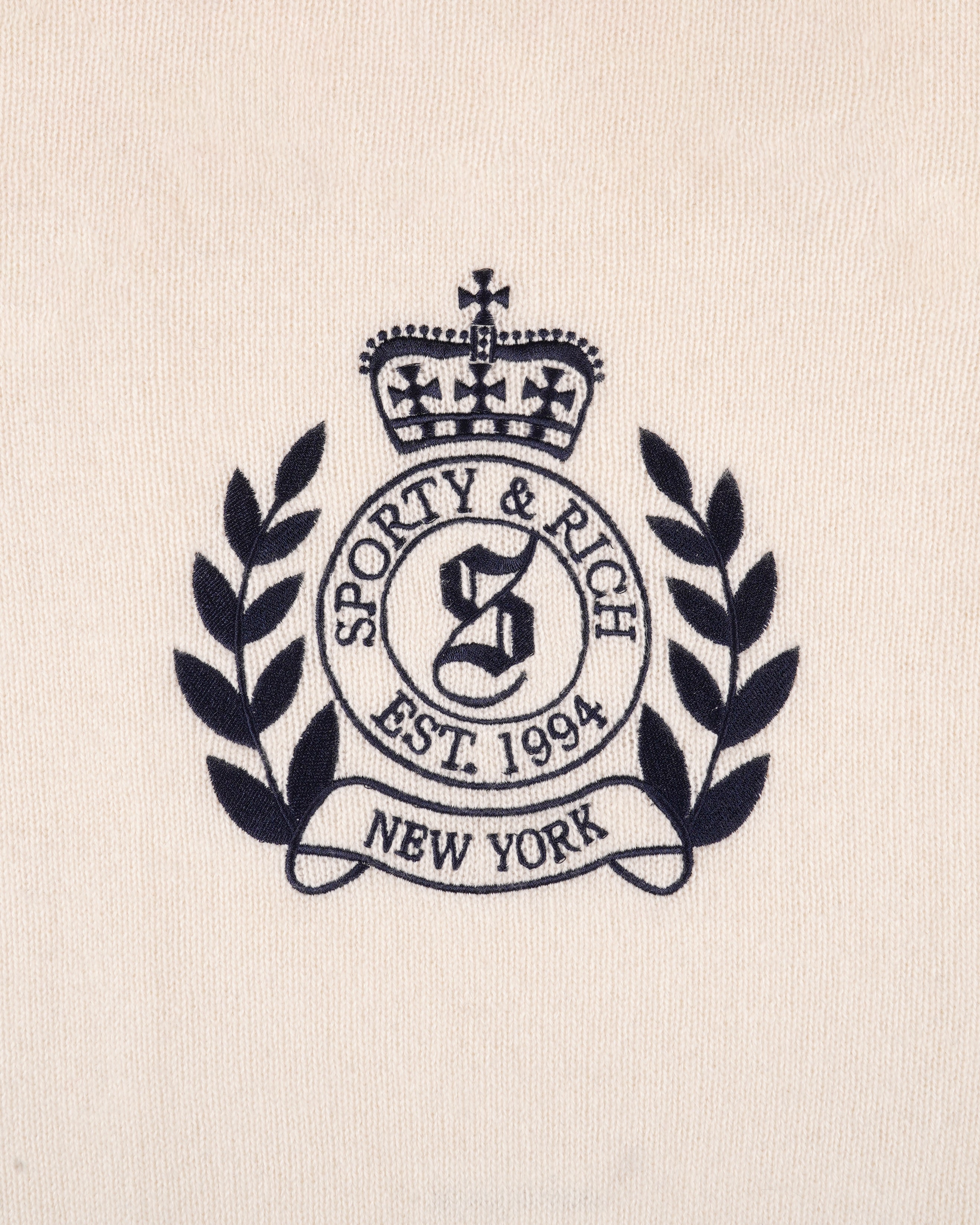 NY Crest Cashmere Baseball Sweater - Ecru/Navy