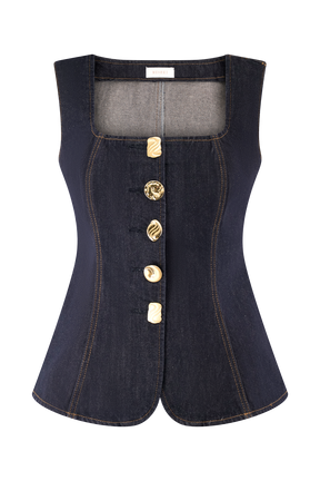 Neve Sleeveless Buttoned Denim Top - Washed Indigo Blue