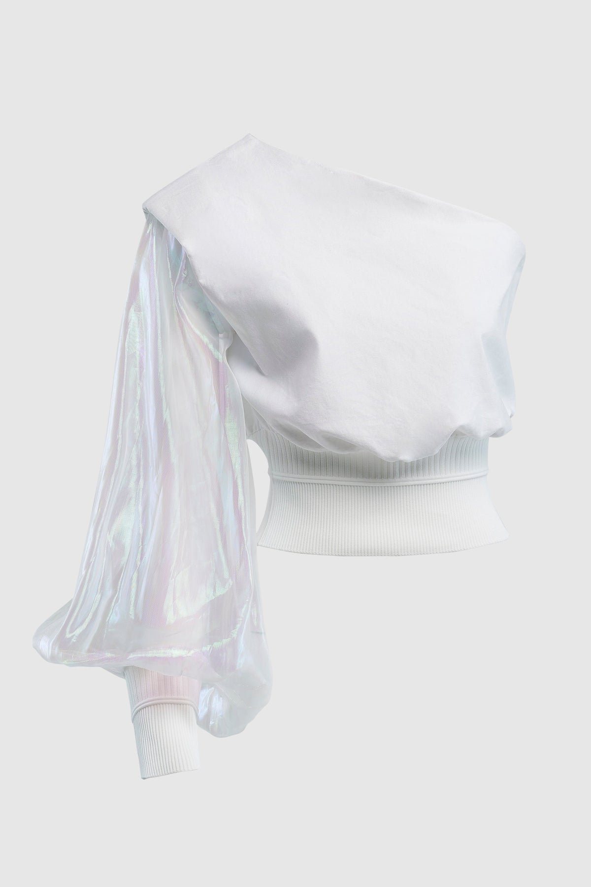 ONE SHOULDER TOP WITH IRIDESCENT SLEEVE