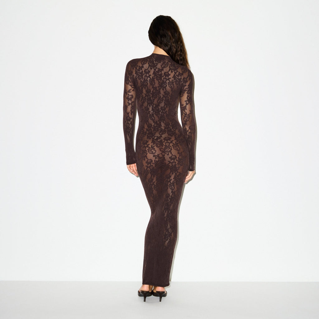 KNIT LACE MOCK NECK LONG DRESS | ESPRESSO
