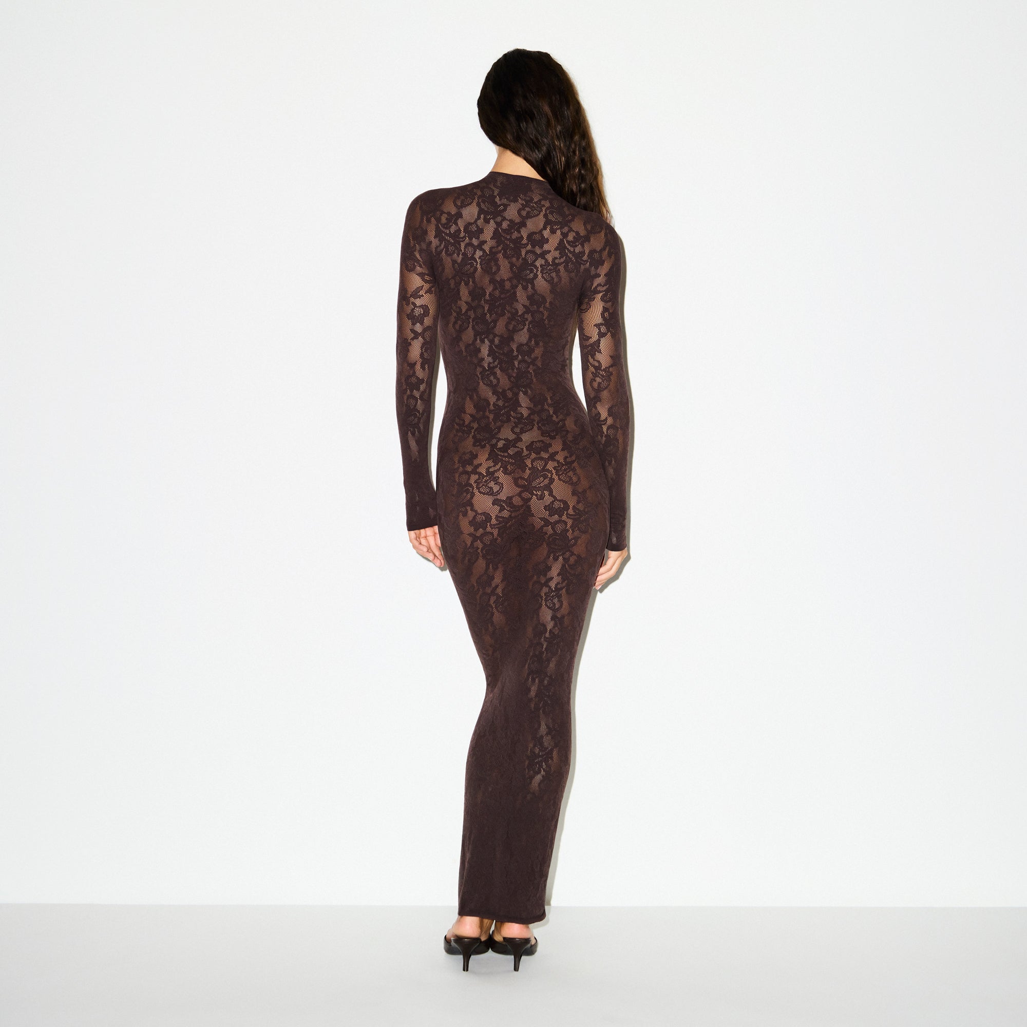 KNIT LACE MOCK NECK LONG DRESS | ESPRESSO
