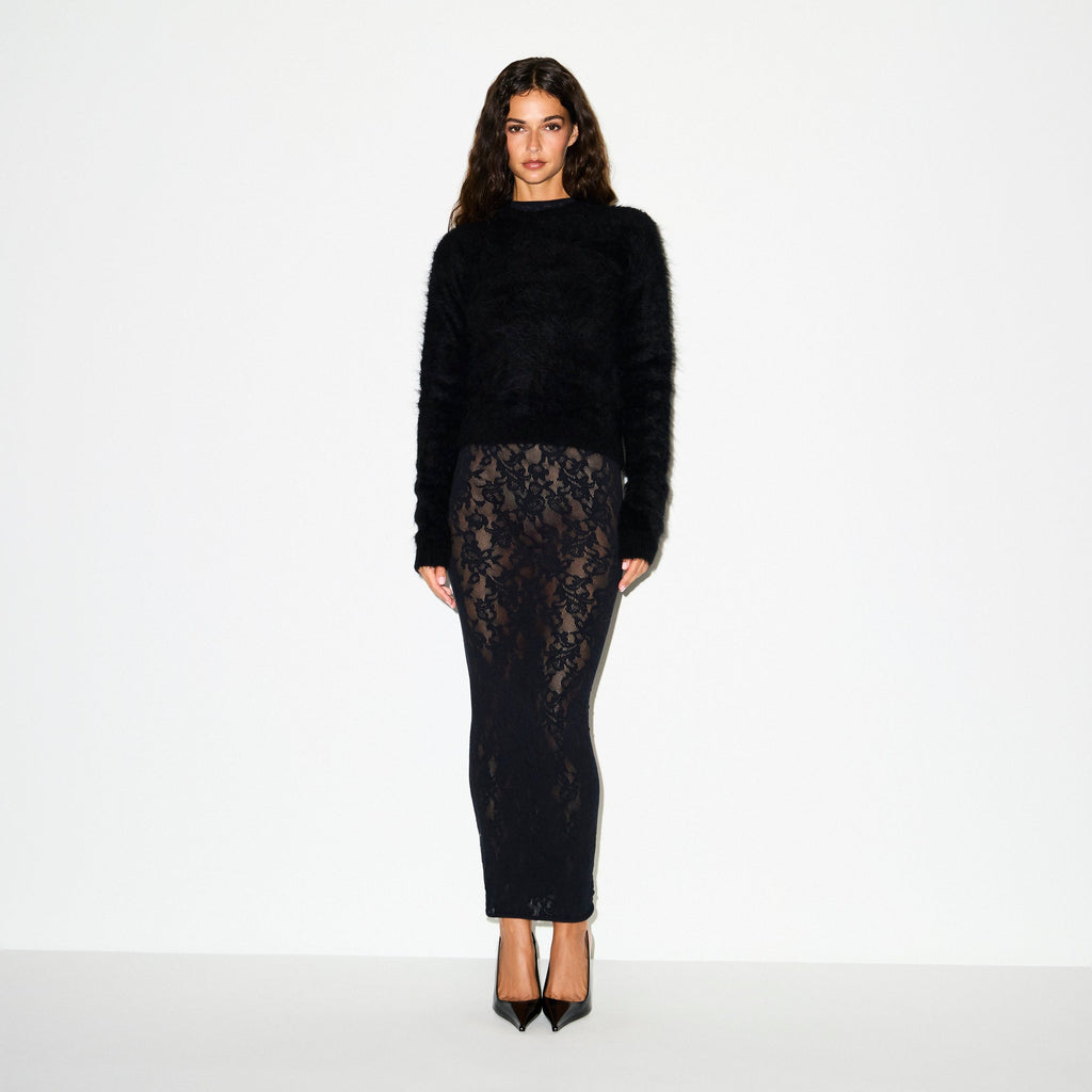 KNIT LACE MOCK NECK LONG DRESS | OBSIDIAN