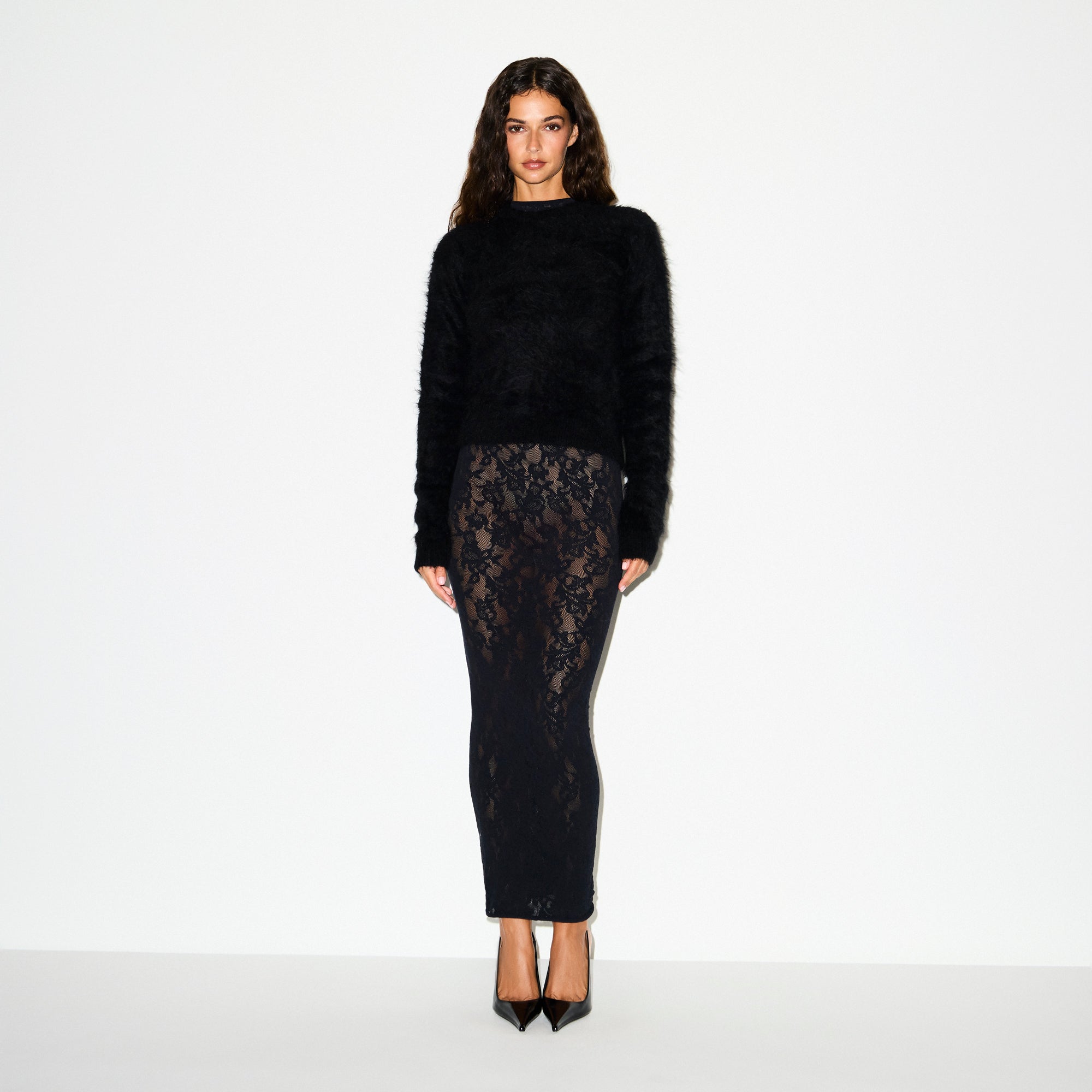 KNIT LACE MOCK NECK LONG DRESS | OBSIDIAN