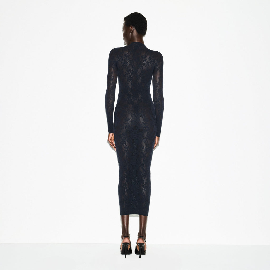 KNIT LACE MOCK NECK LONG DRESS | OBSIDIAN