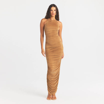 Cupro Jersey Ruched Long Dress