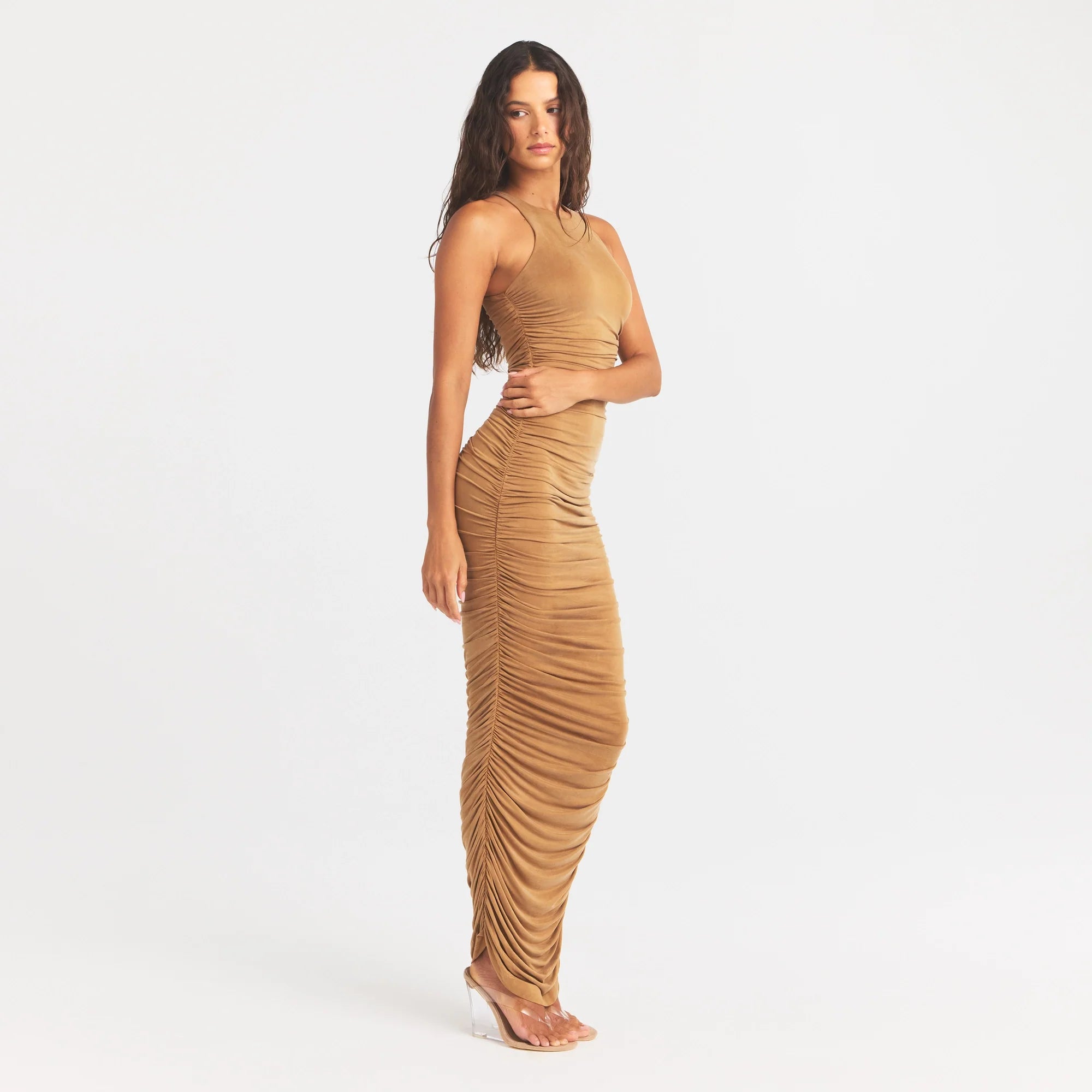 Cupro Jersey Ruched Long Dress