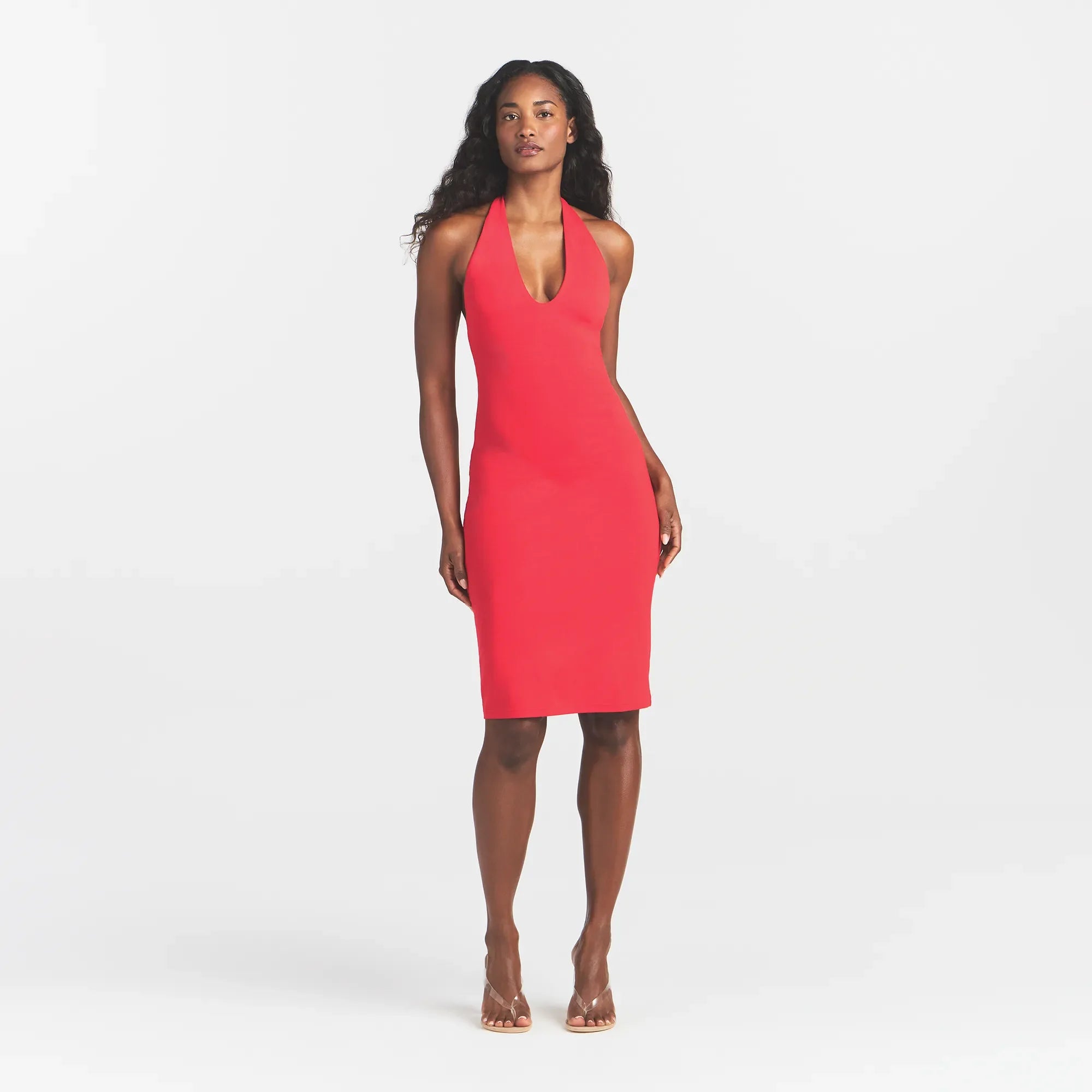 Smooth Layers Plunge Halter Midi Dress