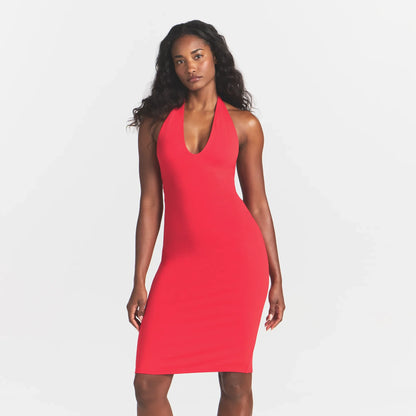 Smooth Layers Plunge Halter Midi Dress
