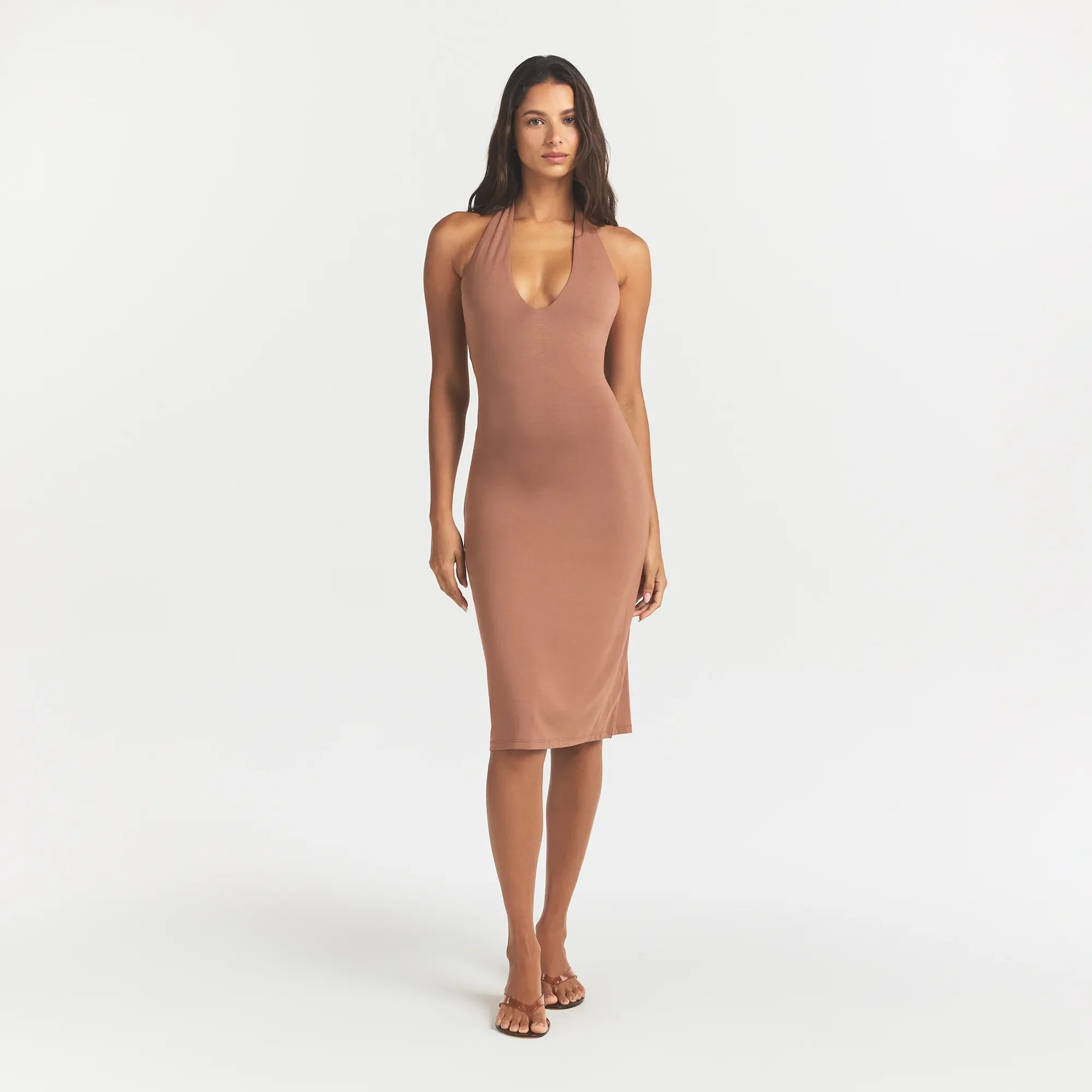 Smooth Layers Plunge Halter Midi Dress
