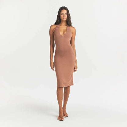 Smooth Layers Plunge Halter Midi Dress