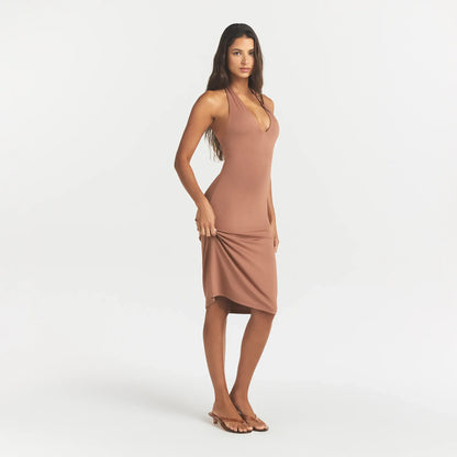 Smooth Layers Plunge Halter Midi Dress