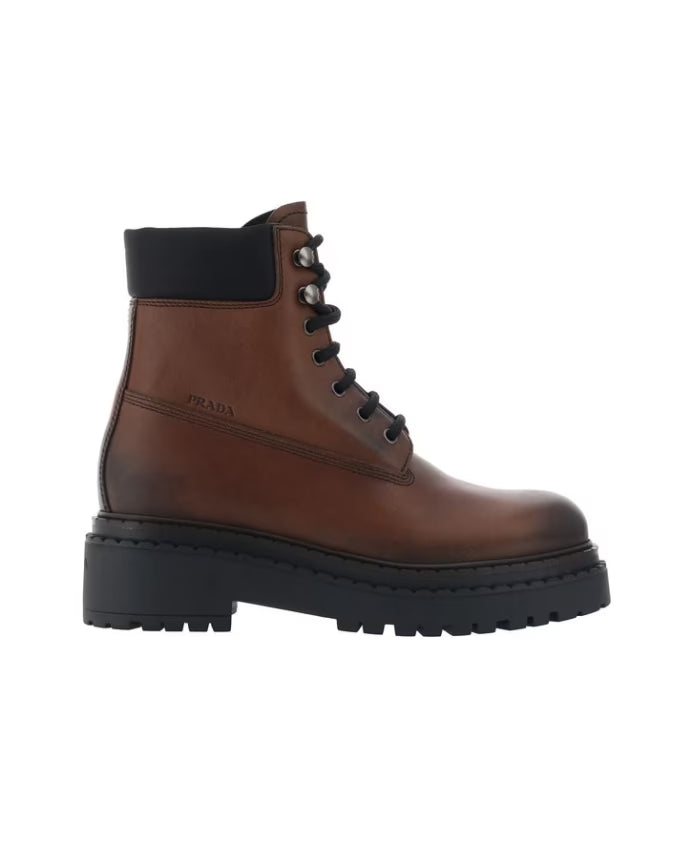 Prada Leather Ankle Boots Lace-Up Round Toe
