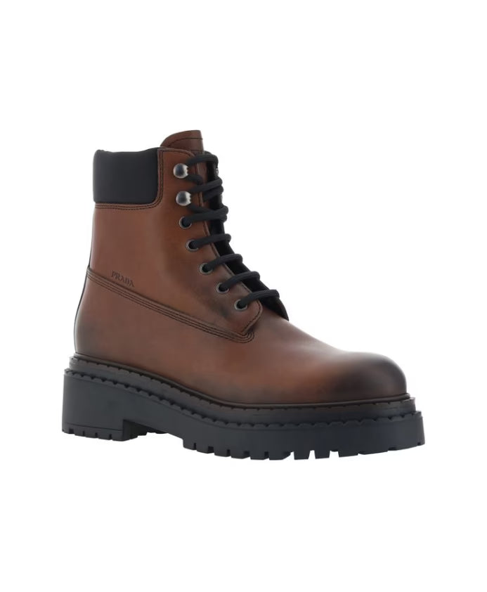 Prada Leather Ankle Boots Lace-Up Round Toe