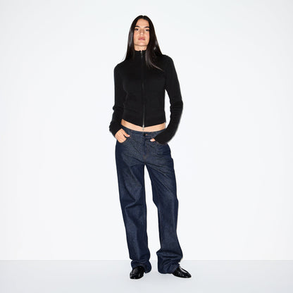 WOOL CASHMERE ZIP UP MOCK NECK SWEATER | ONYX