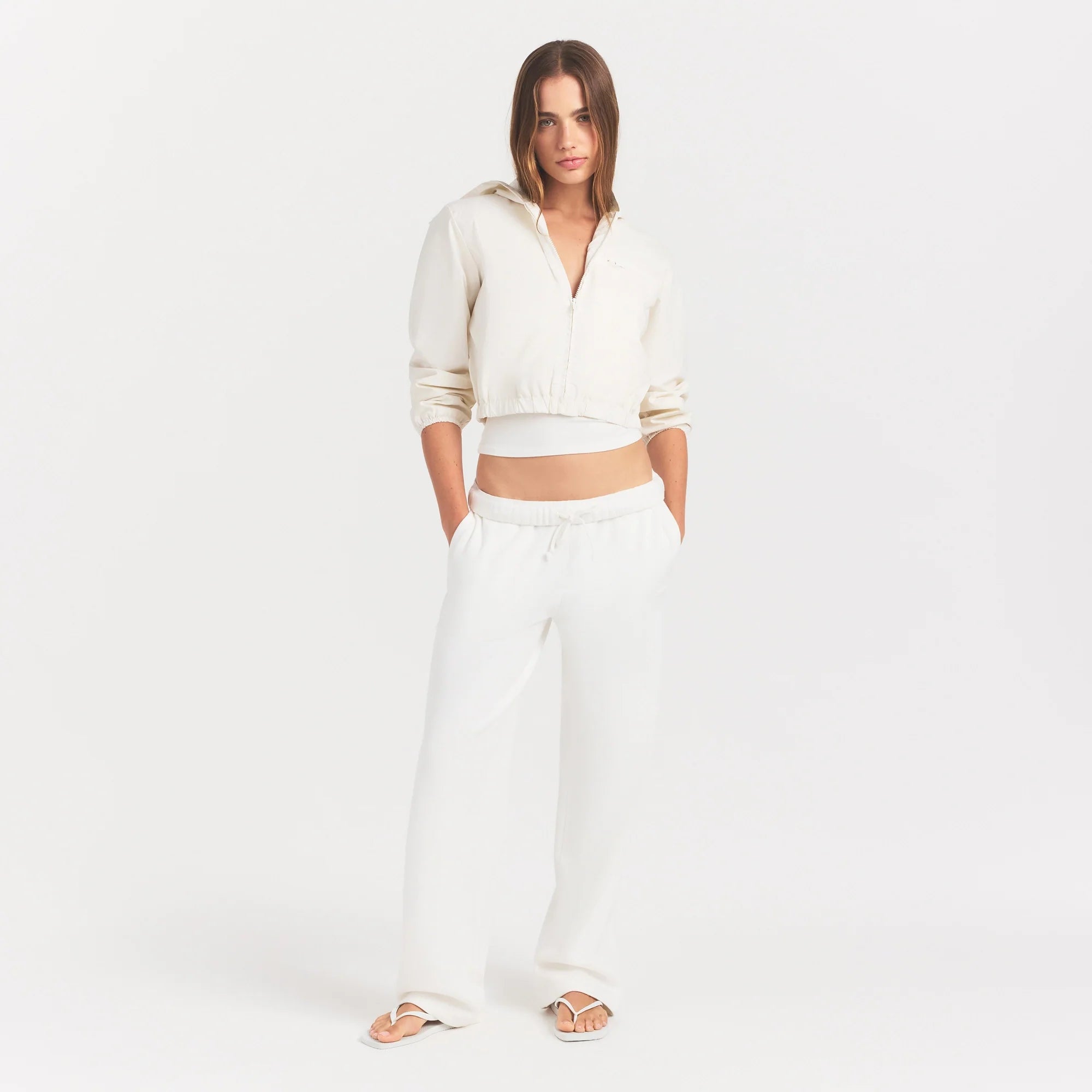 Woven Cotton Cropped Zip Up Jacket