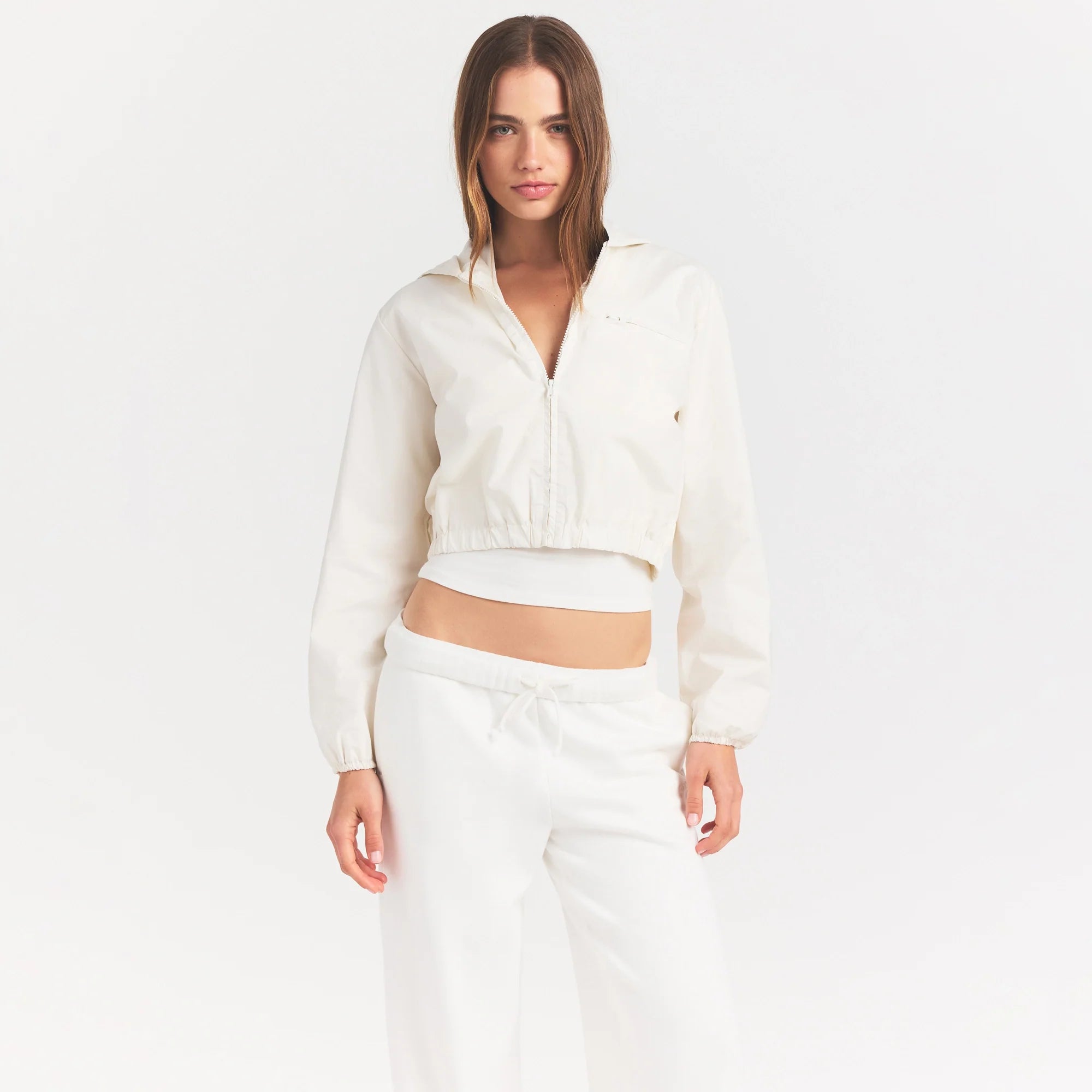 Woven Cotton Cropped Zip Up Jacket