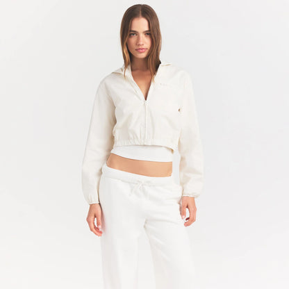 Woven Cotton Cropped Zip Up Jacket