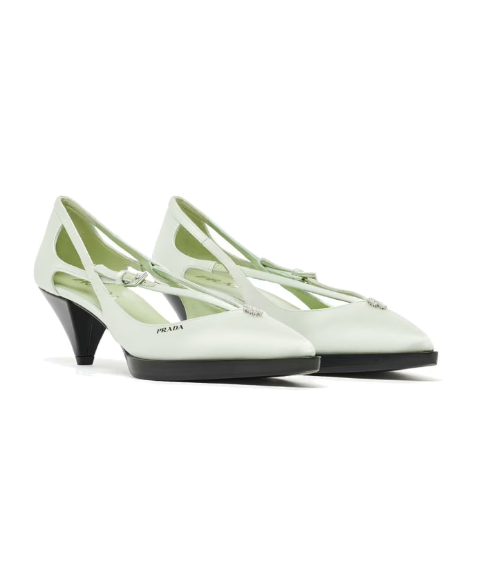 Prada Cut-Out Satin Pumps with Jeweled Ornament