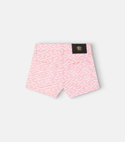 La Greca print cotton denim shorts