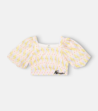 Printed puff-sleeve cotton crop top