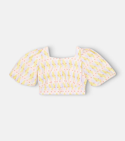 Printed puff-sleeve cotton crop top