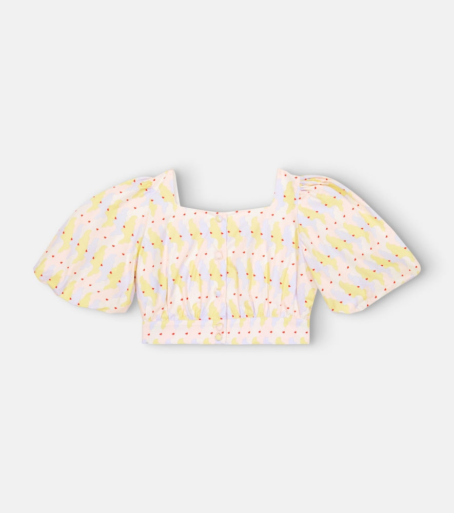 Printed puff-sleeve cotton crop top