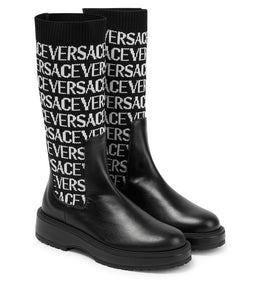 Jacquard knit-trimmed leather boots