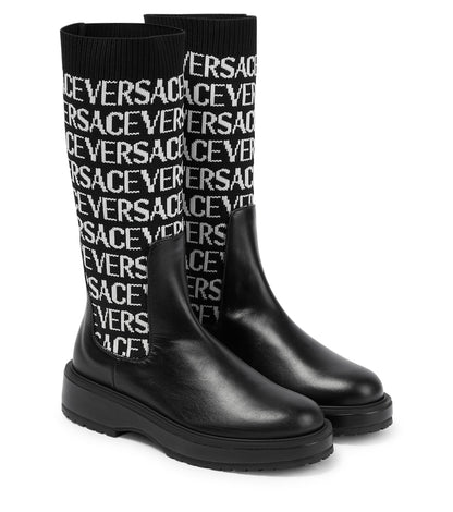 Jacquard knit-trimmed leather boots