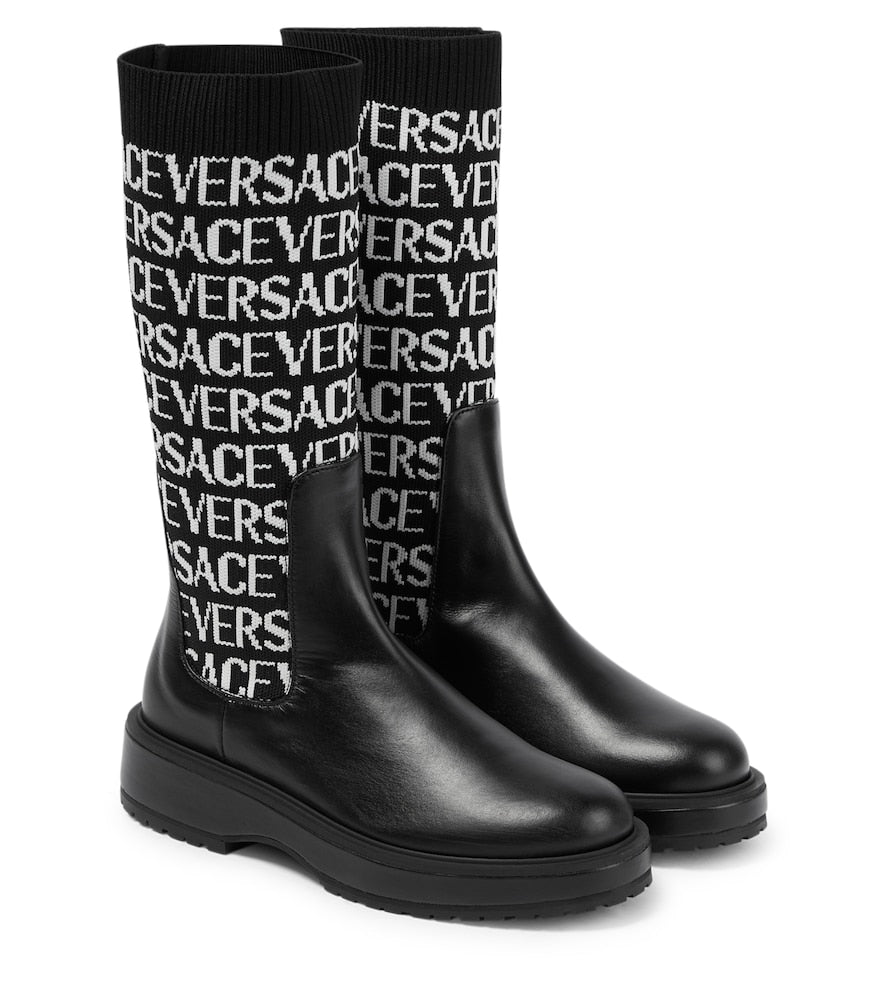 Jacquard knit-trimmed leather boots