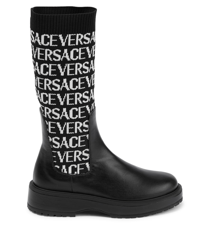 Jacquard knit-trimmed leather boots