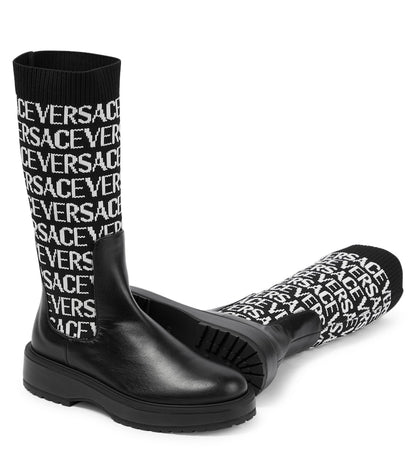 Jacquard knit-trimmed leather boots