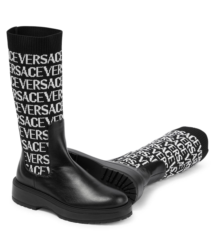 Jacquard knit-trimmed leather boots