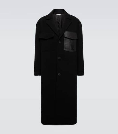 Leather-trimmed wool overcoat