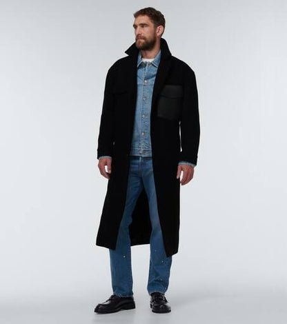 Leather-trimmed wool overcoat